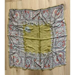 Vintage Paisley Patterned Gold Green Scarf with Ornate Border